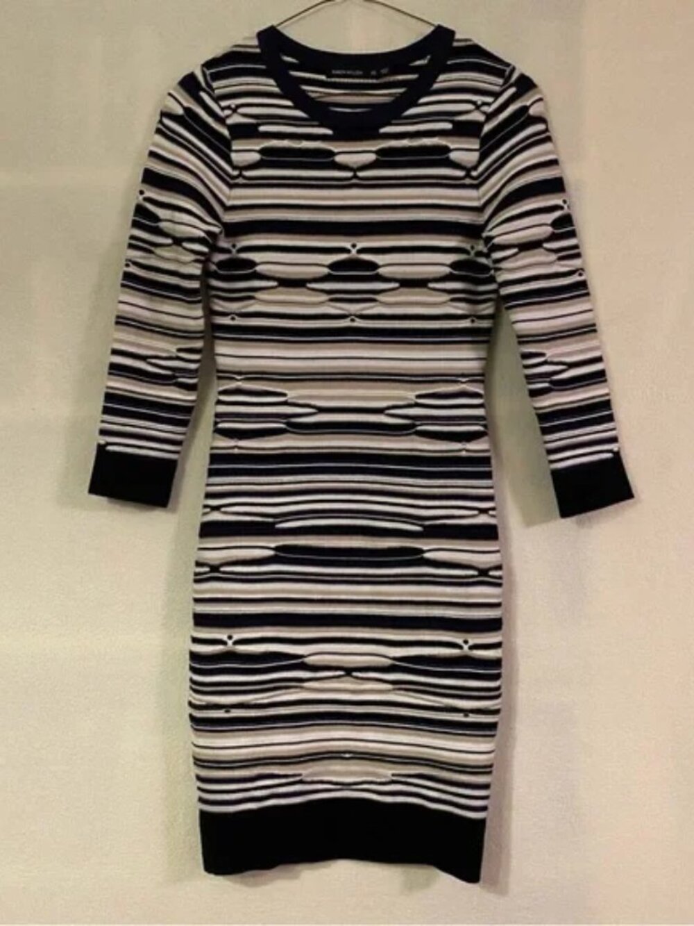 Karen Millen wavy striped blue white tan long sleeve knit bodycon sweater dress